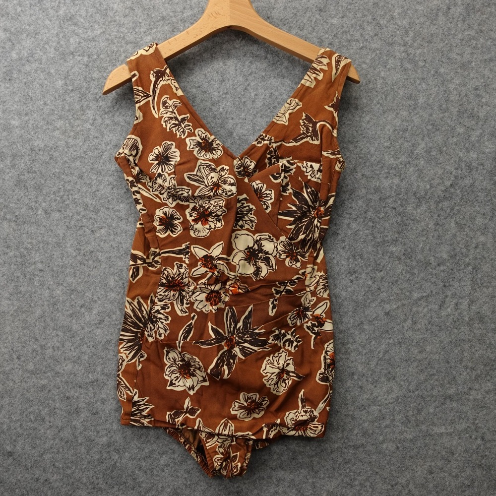 Vintage 50s Swimsuit Womens S Brown Hawaiian One Piece Talon Zip Grandma Pinup